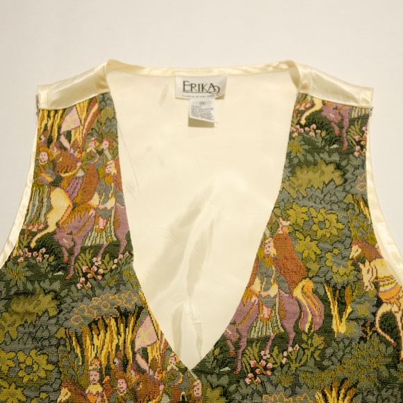 Vintage Tapestry Vest Green 1980's stitched tapestry style renaissance horse sc - Picture 2 of 7